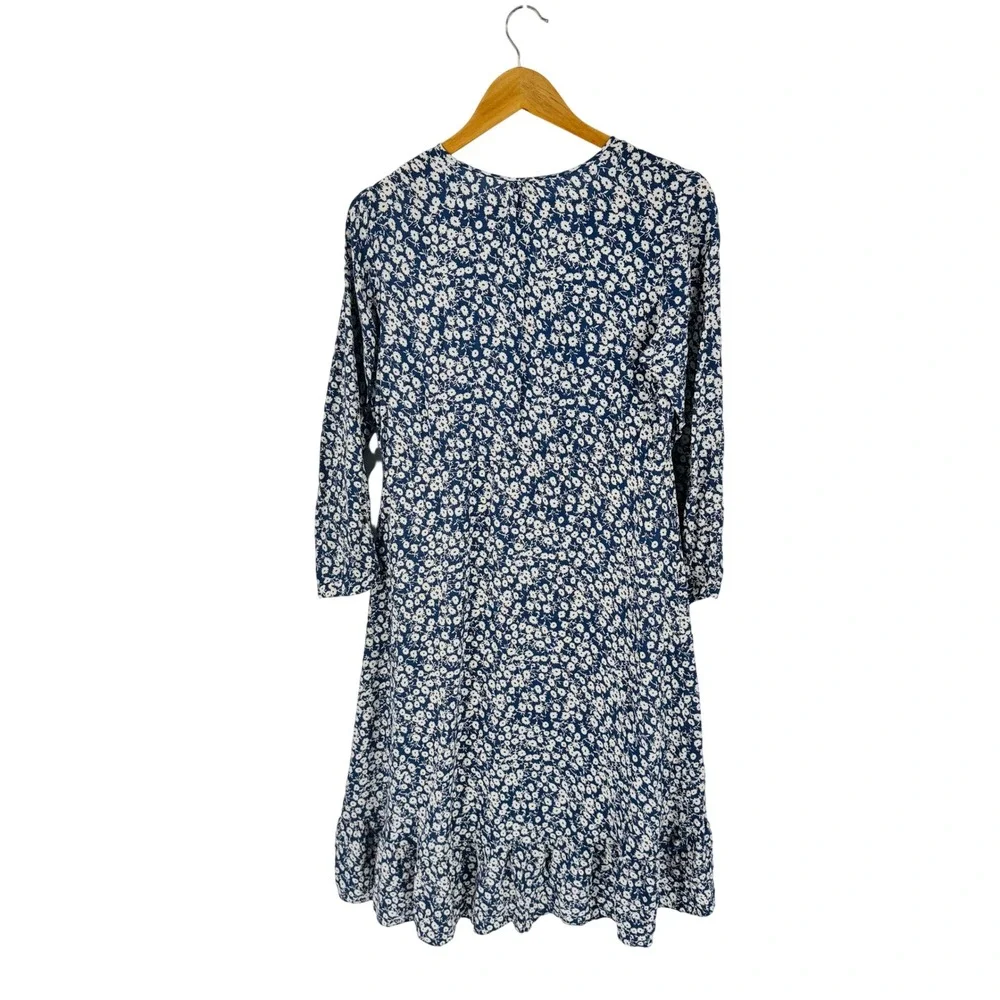 Rails Jade Dress Navy Camellia Floral Print Medium V-Neck Long Sleeve Ruffle Hem